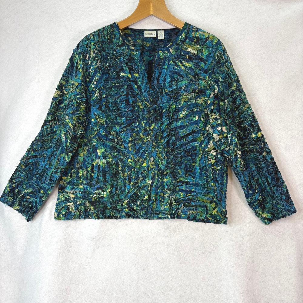 Chico's Silk/Linen Blend Mixed Media Zip Jacket Sz XL Lagenlook Boho Abstract